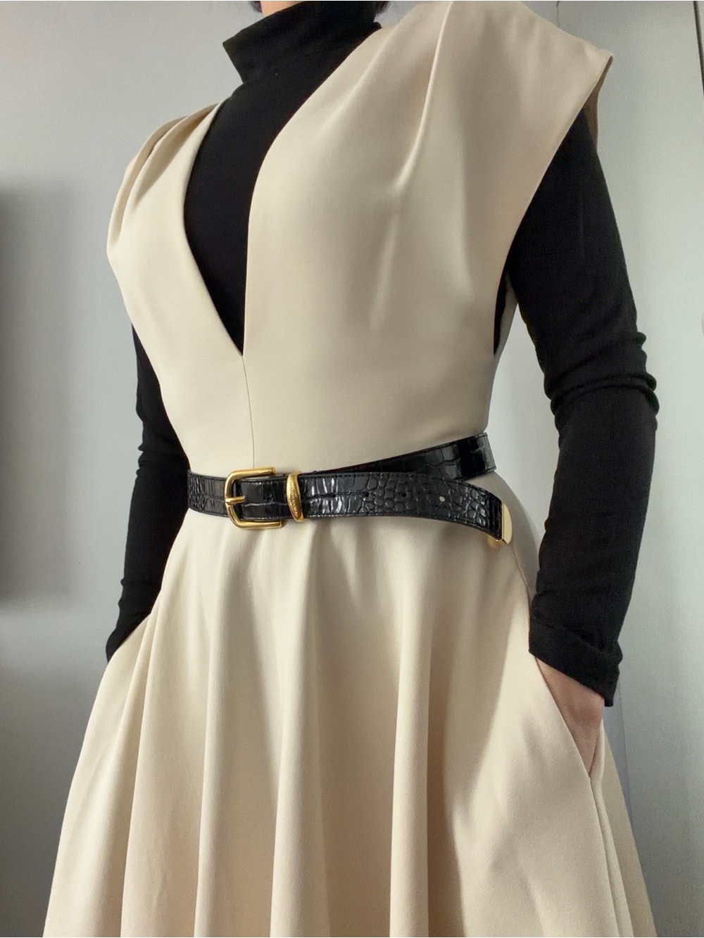 Brandon Maxwell Cream Sleeveless V-Neck Fit-and-Flare Dress